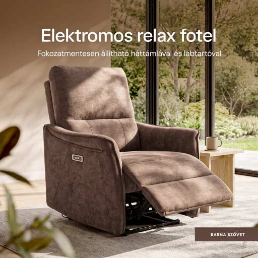 Elektromos, dönthető relax fekvőfotel, zsenília szövet (barna)  - 2