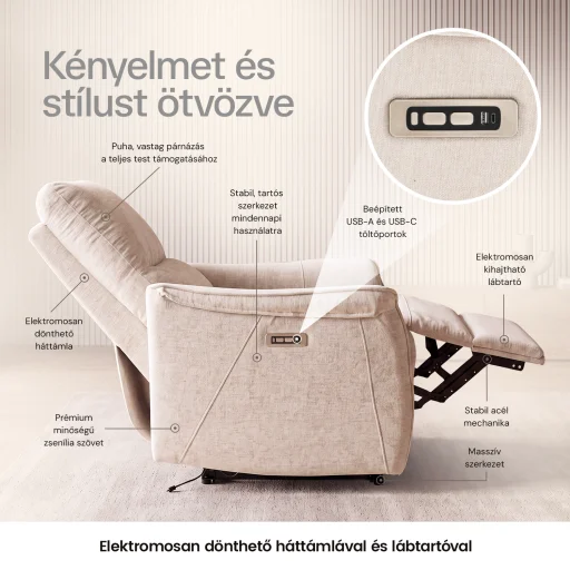 Elektromos, dönthető relax fekvőfotel, zsenília szövet (bézs)  - 3