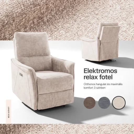 Elektromos, dönthető relax fekvőfotel, zsenília szövet (bézs)  - 6