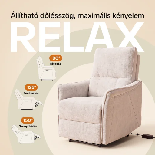 Elektromos, dönthető relax fekvőfotel, zsenília szövet (bézs)  - 9