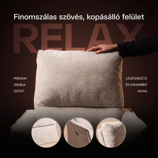 Elektromos, dönthető relax fekvőfotel, zsenília szövet (bézs)  - 10