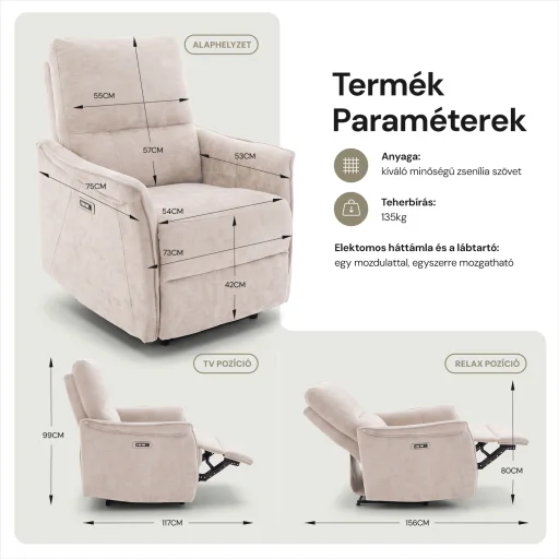 Elektromos, dönthető relax fekvőfotel, zsenília szövet (bézs)  - 11