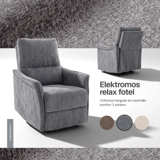 Elektromos, dönthető relax fekvőfotel, zsenília szövet (szürke)  - 4