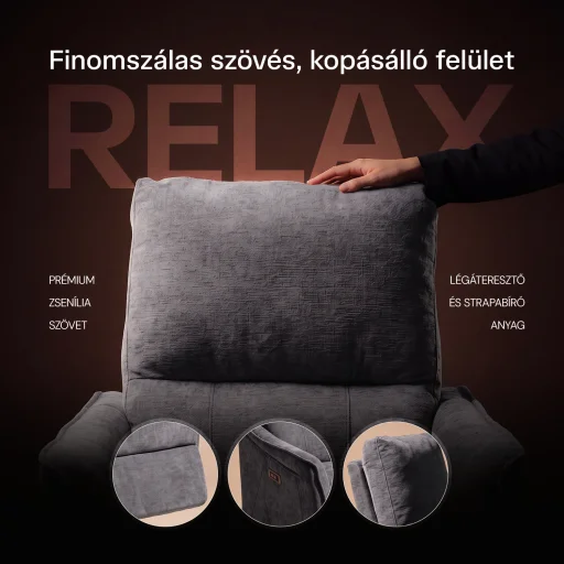 Elektromos, dönthető relax fekvőfotel, zsenília szövet (szürke)  - 6
