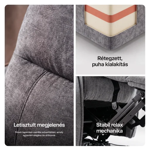 Elektromos, dönthető relax fekvőfotel, zsenília szövet (szürke)  - 10