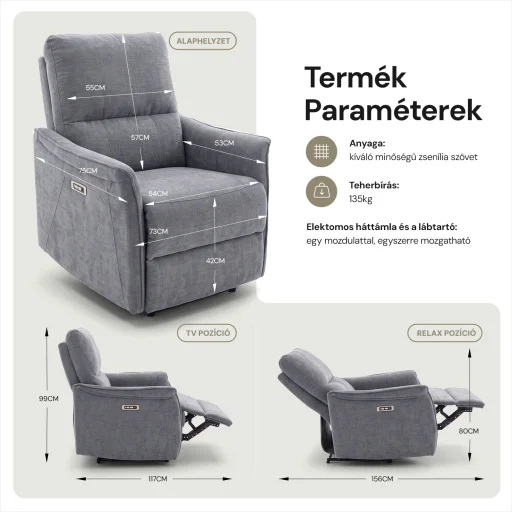 Elektromos, dönthető relax fekvőfotel, zsenília szövet (szürke)  - 11