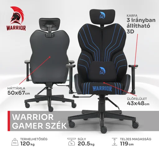 Warrior gamer szövet szék fekete-kék (MC196-3-1) - 5