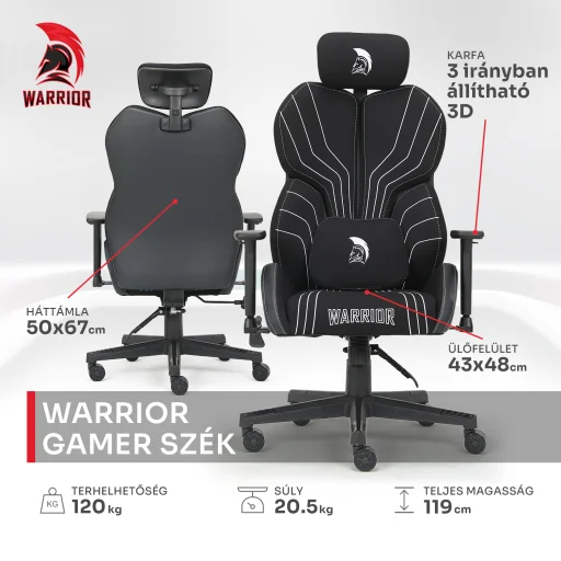 Warrior gamer szövet szék fekete-fehér (MC196-3-1) - 5
