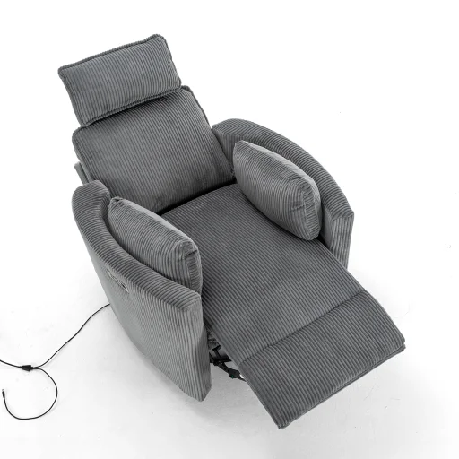 Elektromos, dönthető relax fotel, forgó és hinta funkcióval, szürke kordbársony szövet - 6