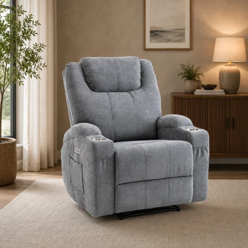 Elektromos relax fekvőfotel, szürke zsenília szövet (JN-D8116C51 GREY) - 1