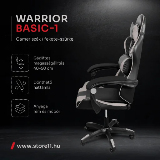 Warrior gamer szék, forgószék fekete-szürke (GAMER-BASIC-1-BLACK-GREY) - 5