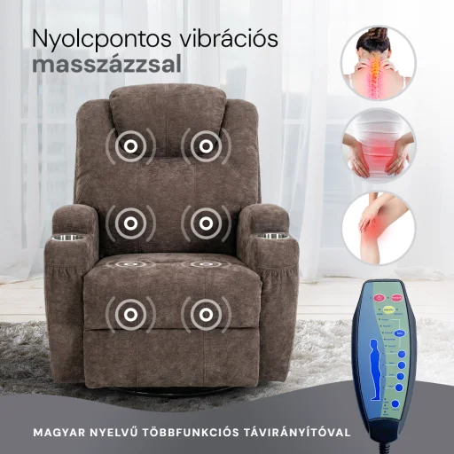 Elektromos relax fekvőfotel 8 pontos rezgőmasszázzsal, fűtés, zsenília szövett barna - 3