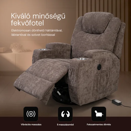 Elektromos relax fekvőfotel 8 pontos rezgőmasszázzsal, fűtés, zsenília szövett barna - 4