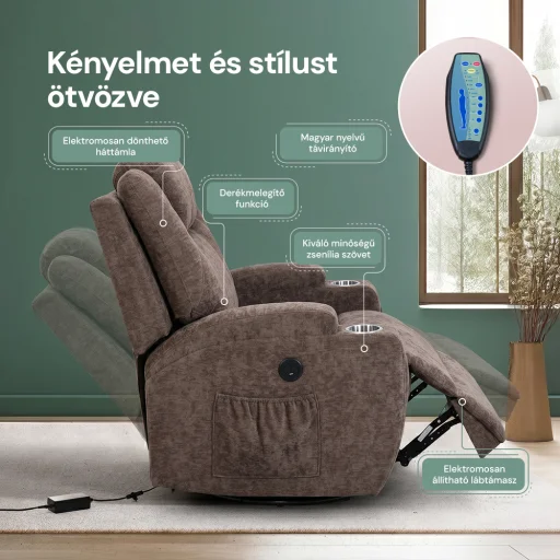 Elektromos relax fekvőfotel 8 pontos rezgőmasszázzsal, fűtés, zsenília szövett barna - 5
