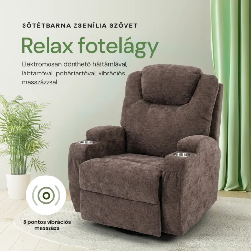 Elektromos relax fekvőfotel 8 pontos rezgőmasszázzsal, fűtés, zsenília szövett barna - 2
