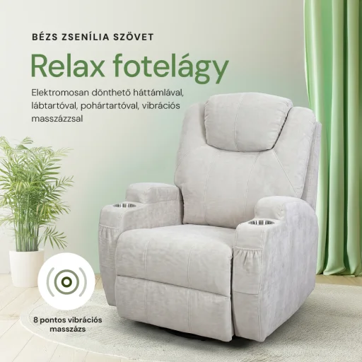 Elektromos relax fekvőfotel 8 pontos rezgőmasszázzsal, fűtés, zsenília szövett bézs - 2
