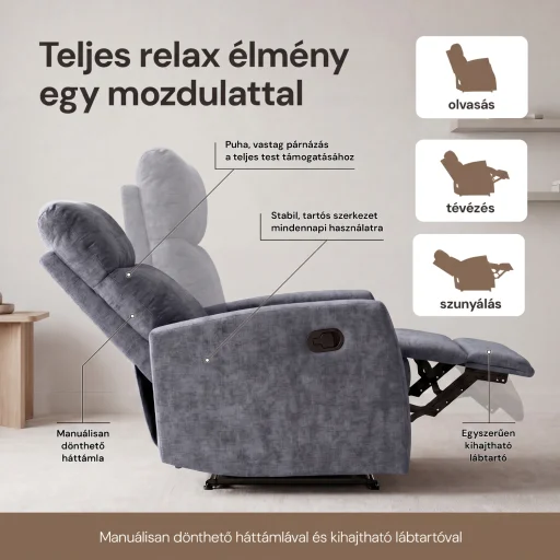 Fekvőfotel, relax fotelágy dönthető háttámlával, lábtartóval szürke zsenília szövet (JN-R8120A51) GREY - 5