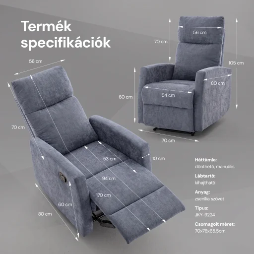 Fekvőfotel, relax fotelágy dönthető háttámlával, lábtartóval szürke zsenília szövet (JN-R8120A51) GREY - 6