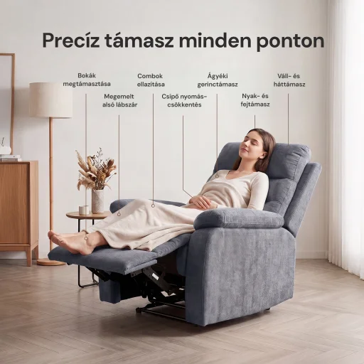 Fekvőfotel, relax fotelágy dönthető háttámlával, lábtartóval szürke zsenília szövet (JN-R8120A51) GREY - 7