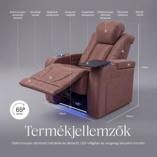 Luxus elektromos relax fotel, pohártartóval, világítással bársony barna szövet (L26017-3906) - 5