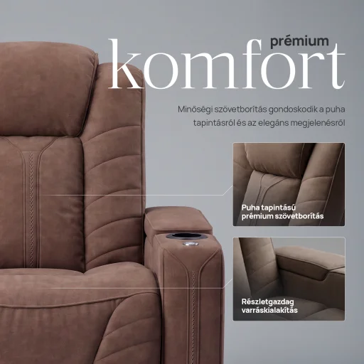 Luxus elektromos relax fotel, pohártartóval, világítással bársony barna szövet (L26017-3906) - 6