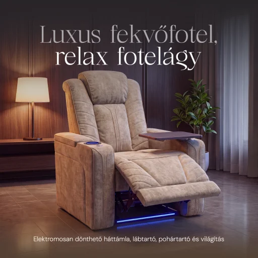 Luxus elektromos relax fotel, pohártartóval, világítással bársony homokszürke szövet (L26017-3906) - 2