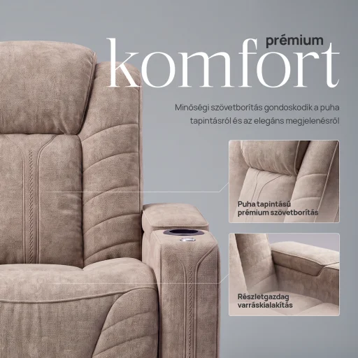 Luxus elektromos relax fotel, pohártartóval, világítással bársony homokszürke szövet (L26017-3906) - 5