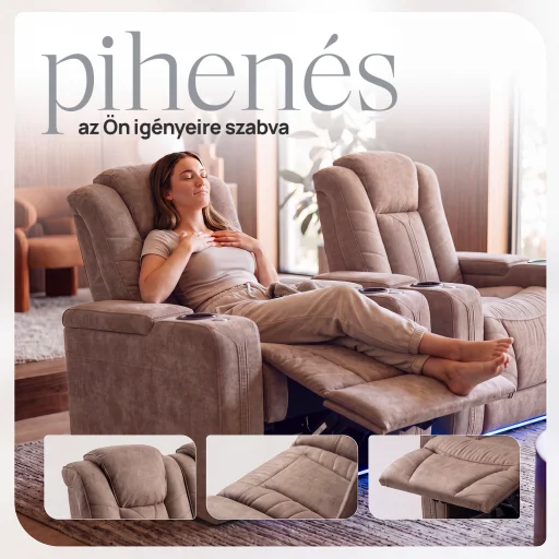 Luxus elektromos relax fotel, pohártartóval, világítással bársony homokszürke szövet (L26017-3906) - 6