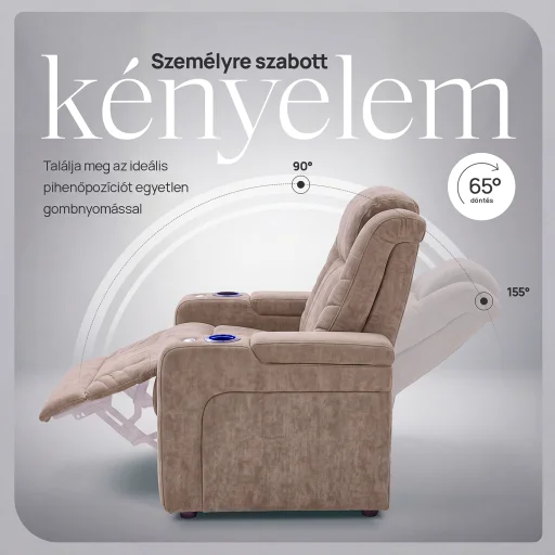 Luxus elektromos relax fotel, pohártartóval, világítással bársony homokszürke szövet (L26017-3906) - 8