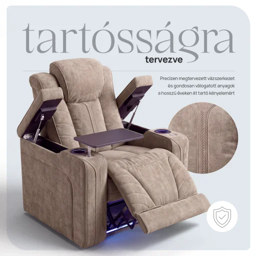 Luxus elektromos relax fotel, pohártartóval, világítással bársony homokszürke szövet (L26017-3906) - 10