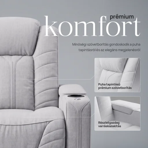 Luxus, háromszemélyes fekvőfotel, relax fotelágy elektromosan dönthető háttámlával, pohártartóval és világítással szürke bársony szövet (L26017-7406) - 4