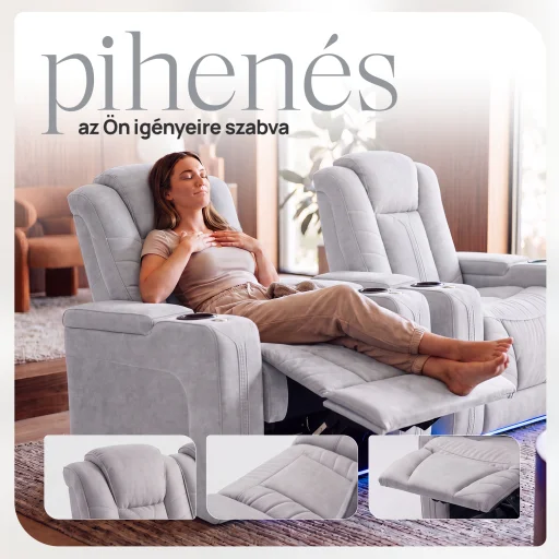 Luxus elektromos relax fotel, pohártartóval, világítással bársony szürke szövet (L26017-3906) - 8
