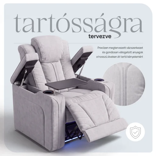 Luxus elektromos relax fotel, pohártartóval, világítással bársony szürke szövet (L26017-3906) - 9