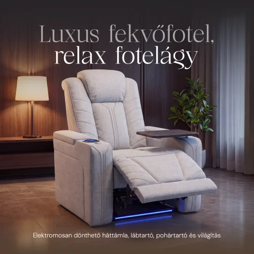 Luxus elektromos relax fotel, pohártartóval, világítással bársony szürke szövet (L26017-3906) - 2