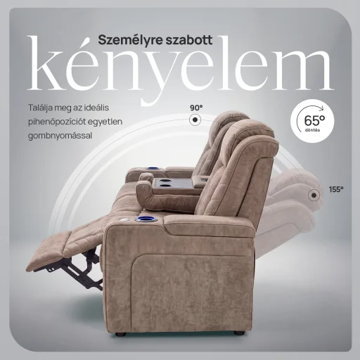 Luxus, háromszemélyes fekvőfotel, relax fotelágy elektromosan dönthető háttámlával, pohártartóval és világítással homokszürke bársony szövet (L26017-7406) - 11