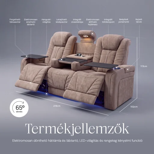 Luxus, háromszemélyes fekvőfotel, relax fotelágy elektromosan dönthető háttámlával, pohártartóval és világítással homokszürke bársony szövet (L26017-7406) - 12