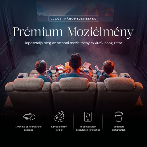 Luxus, háromszemélyes fekvőfotel, relax fotelágy elektromosan dönthető háttámlával, pohártartóval és világítással homokszürke bársony szövet (L26017-7406) - 3