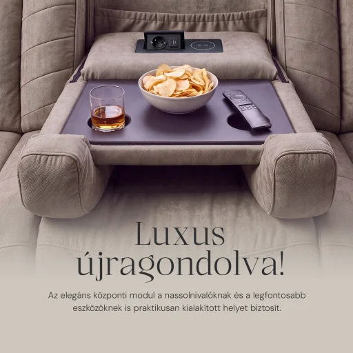 Luxus, háromszemélyes fekvőfotel, relax fotelágy elektromosan dönthető háttámlával, pohártartóval és világítással homokszürke bársony szövet (L26017-7406) - 6