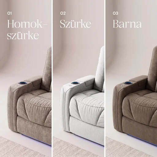 Luxus, háromszemélyes fekvőfotel, relax fotelágy elektromosan dönthető háttámlával, pohártartóval és világítással homokszürke bársony szövet (L26017-7406) - 7