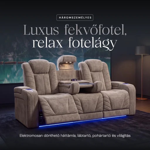 Luxus, háromszemélyes fekvőfotel, relax fotelágy elektromosan dönthető háttámlával, pohártartóval és világítással homokszürke bársony szövet (L26017-7406) - 2