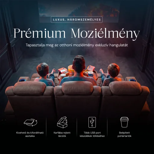 Luxus, háromszemélyes fekvőfotel, relax fotelágy elektromosan dönthető háttámlával, pohártartóval és világítással barna bársony szövet (L26017-7406) - 6