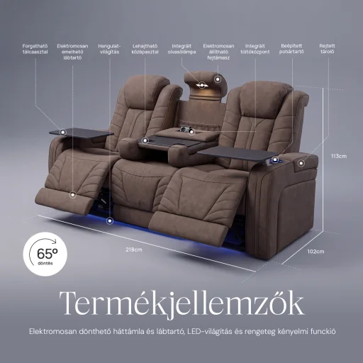 Luxus, háromszemélyes fekvőfotel, relax fotelágy elektromosan dönthető háttámlával, pohártartóval és világítással barna bársony szövet (L26017-7406) - 9