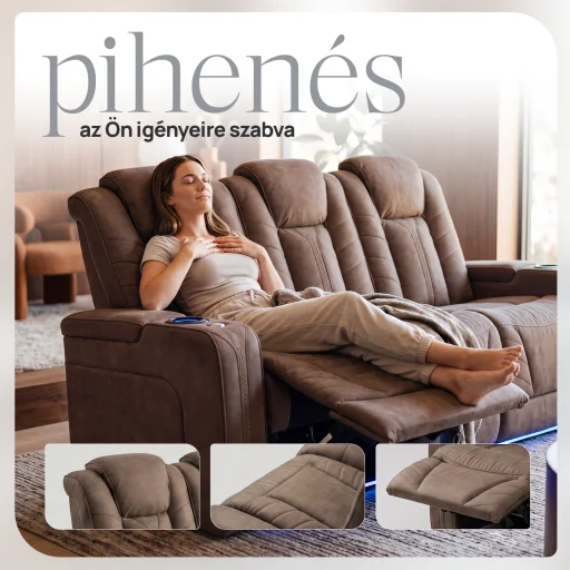 Luxus, háromszemélyes fekvőfotel, relax fotelágy elektromosan dönthető háttámlával, pohártartóval és világítással barna bársony szövet (L26017-7406) - 10