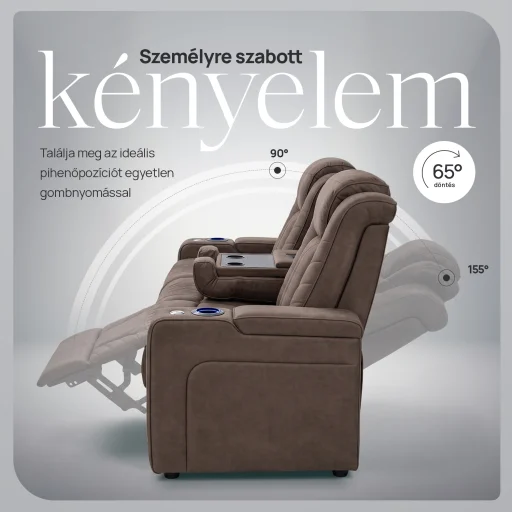 Luxus, háromszemélyes fekvőfotel, relax fotelágy elektromosan dönthető háttámlával, pohártartóval és világítással barna bársony szövet (L26017-7406) - 11
