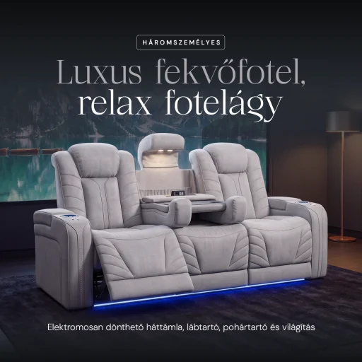 Luxus, háromszemélyes fekvőfotel, relax fotelágy elektromosan dönthető háttámlával, pohártartóval és világítással szürke bársony szövet (L26017-7406) - 2
