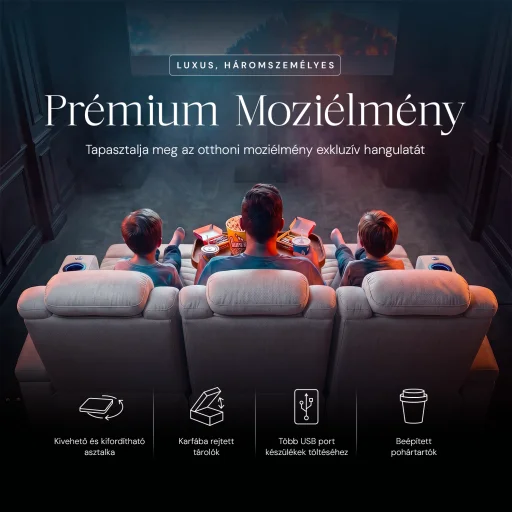 Luxus, háromszemélyes fekvőfotel, relax fotelágy elektromosan dönthető háttámlával, pohártartóval és világítással szürke bársony szövet (L26017-7406) - 7