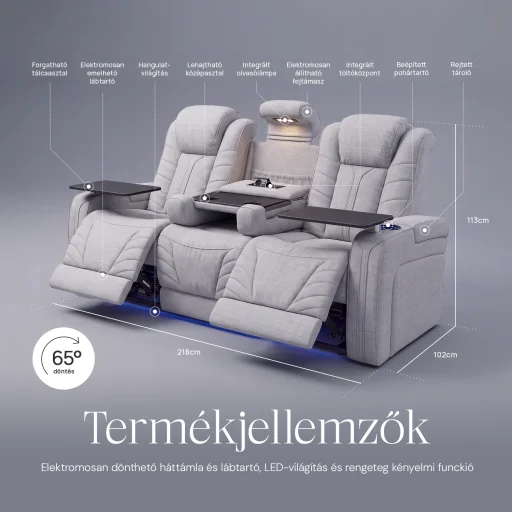 Luxus, háromszemélyes fekvőfotel, relax fotelágy elektromosan dönthető háttámlával, pohártartóval és világítással szürke bársony szövet (L26017-7406) - 8