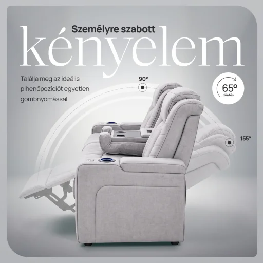 Luxus, háromszemélyes fekvőfotel, relax fotelágy elektromosan dönthető háttámlával, pohártartóval és világítással szürke bársony szövet (L26017-7406) - 11